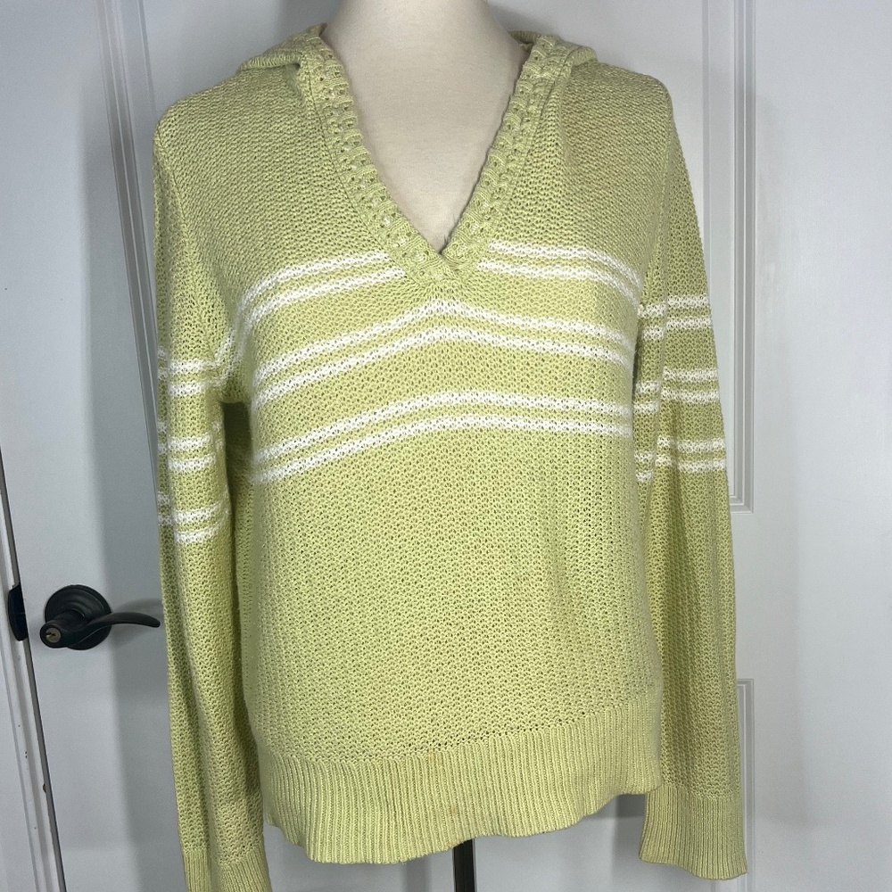 Christopher&Banks Sz.M Green& White Hooded Long Sleeve V Neck Sweater